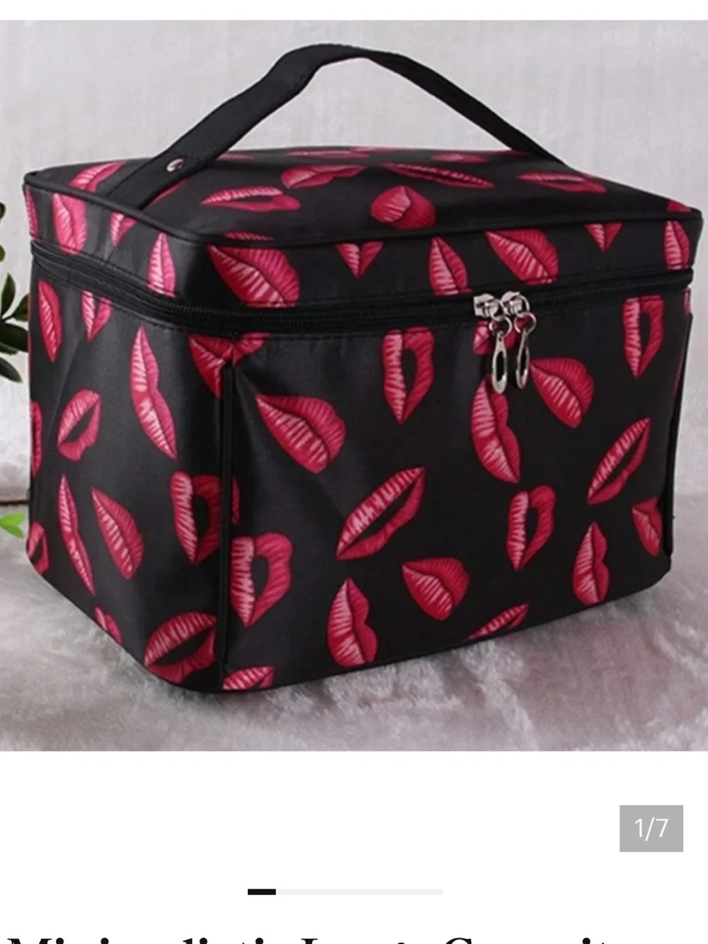 Black Cosmetic Train Case with Pink Lip Print - Women Bags